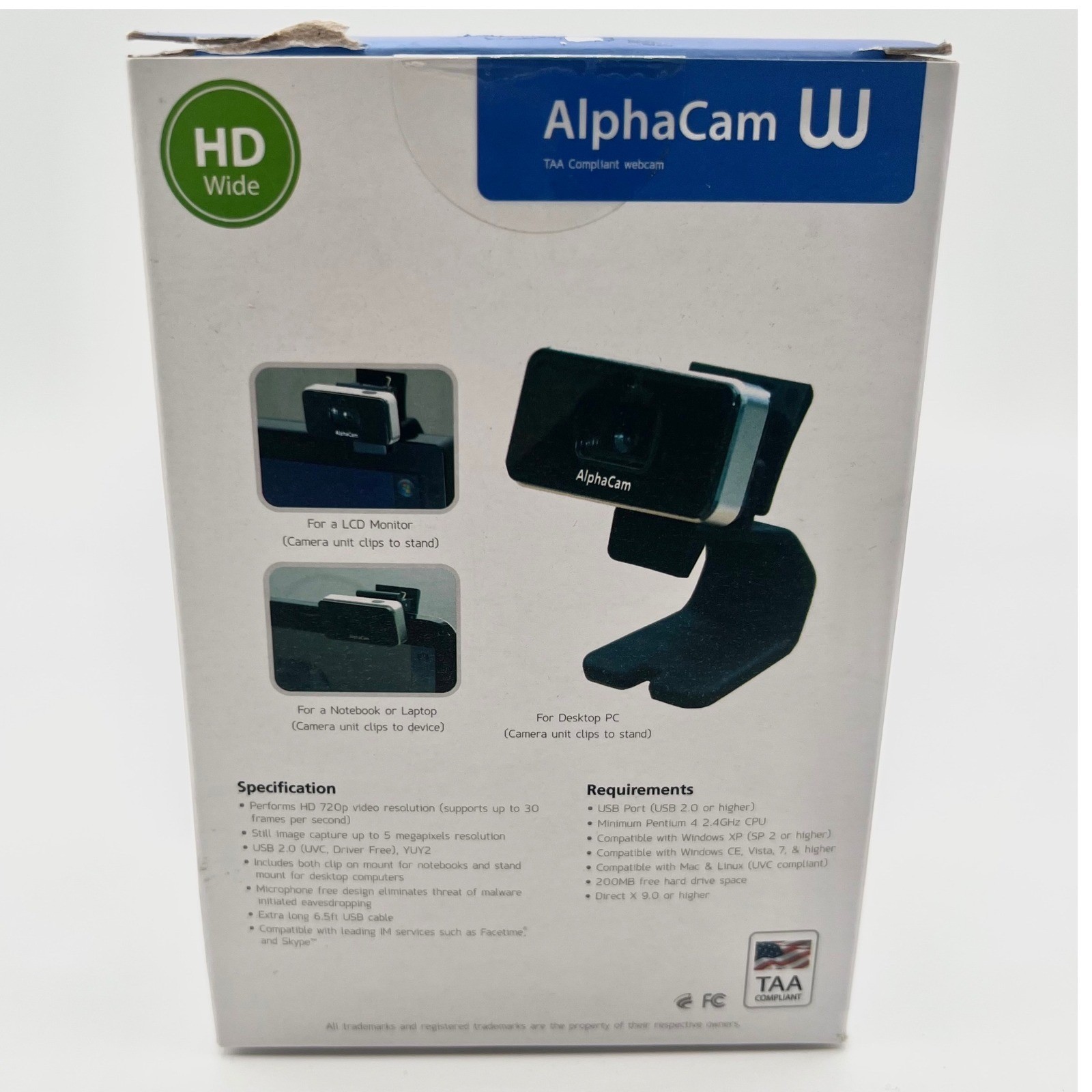 Data Locker AlphaCam HD Wide Webcam 720p USB 2.0 TAA Compliant EUC