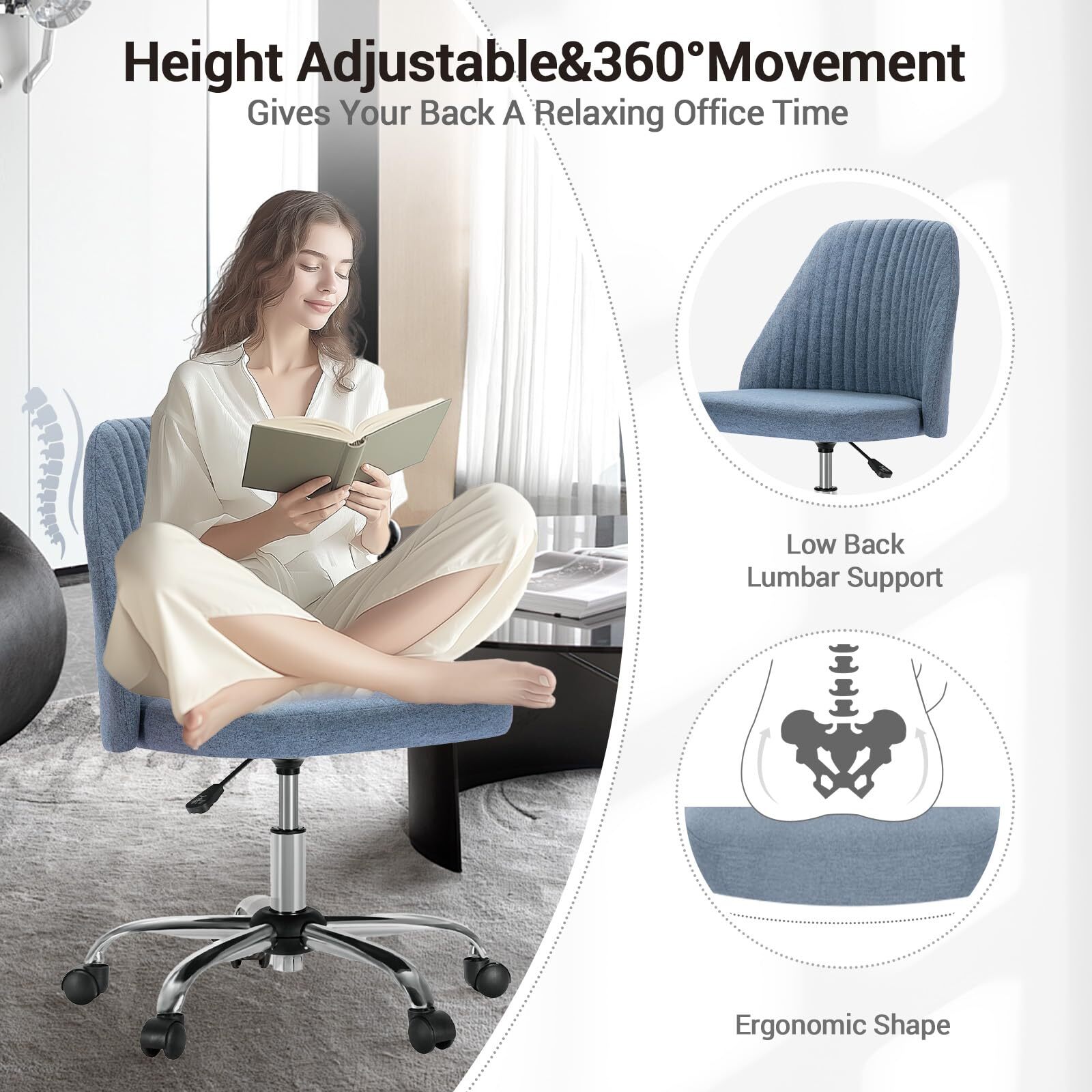 Office Chair Adjustable Height Swivel Rolling Chairs for Bedroom Adult Blue