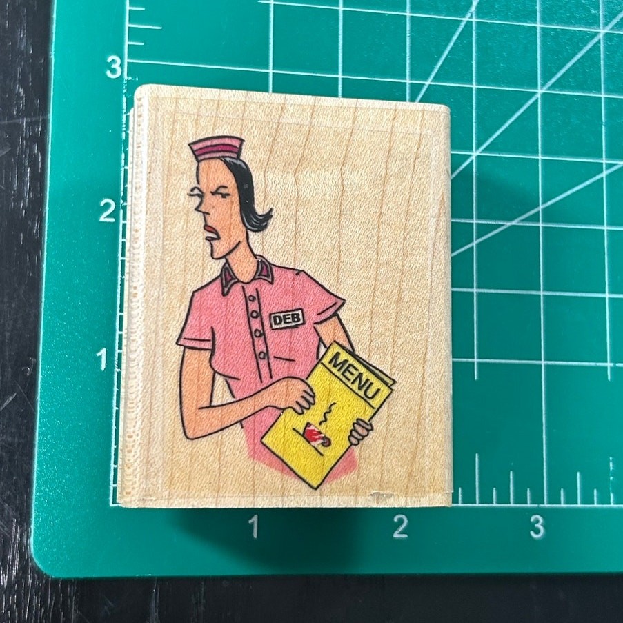 Vtg American Art Wood Mounted Rubber Stamp-Grumpy Waitress Menu - preowned