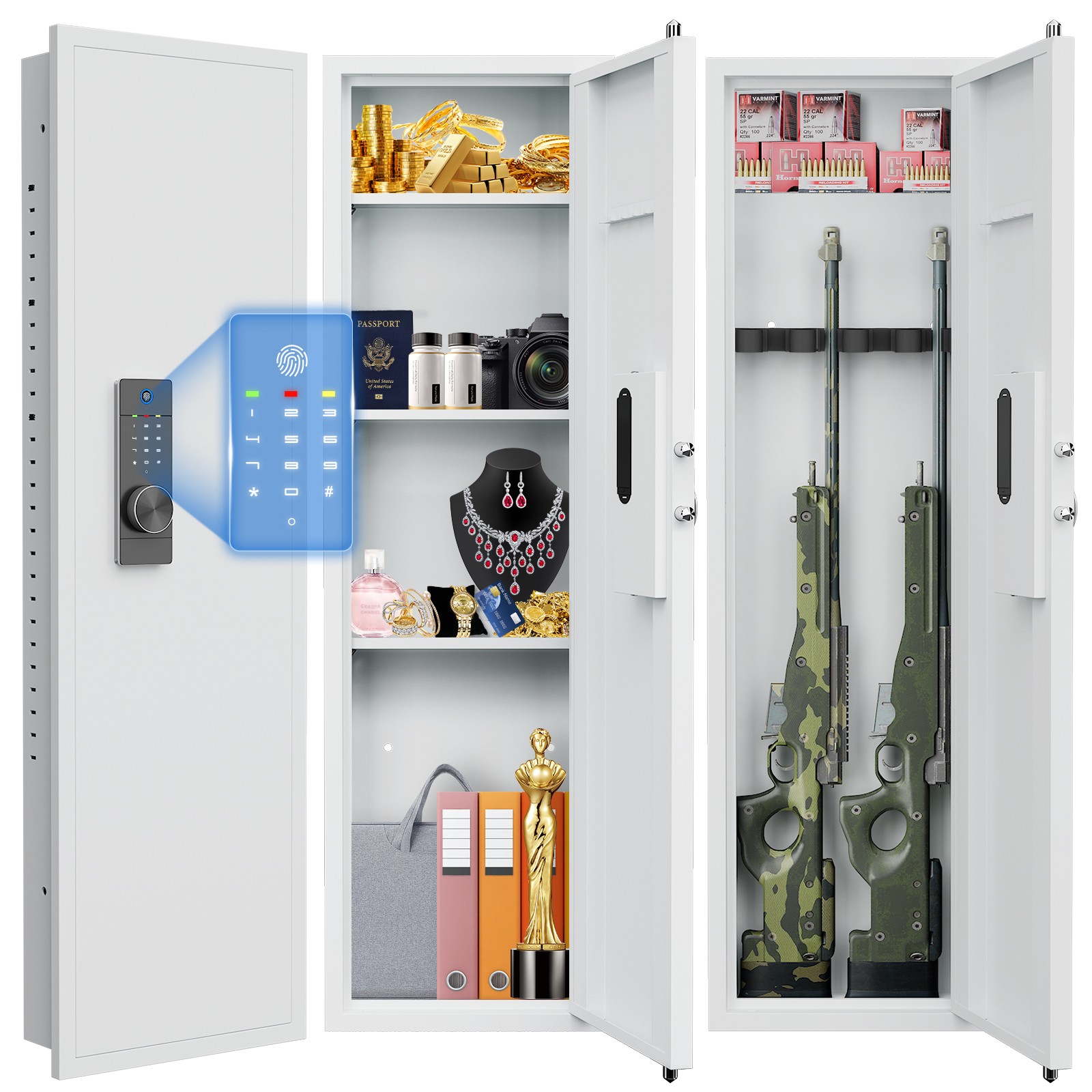 53.15" Fingerprint Hidden Safe, Wall Safe with Adjustable Shelves & Dual Alarm,