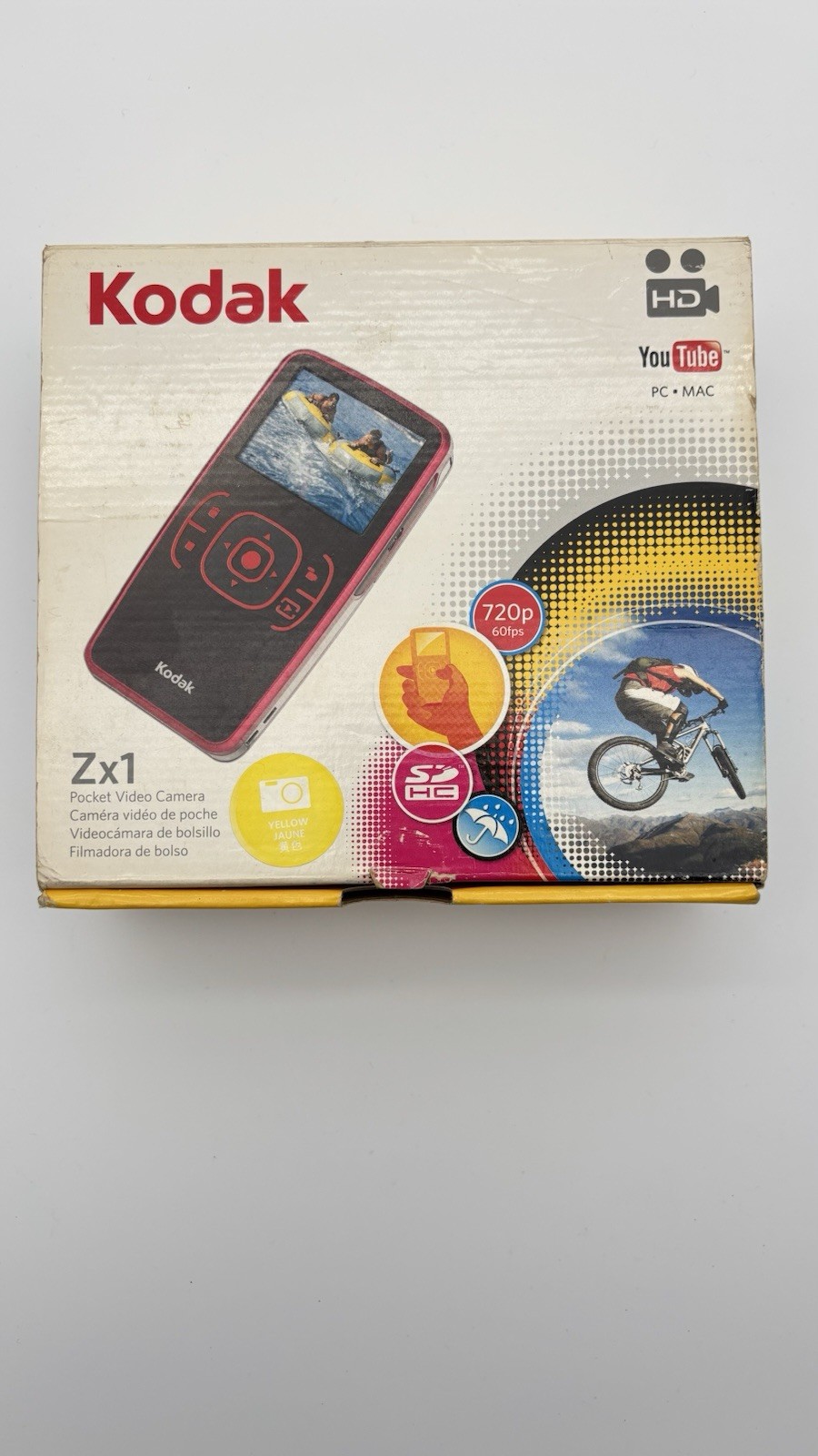 Kodak Zx1 HD Pocket Video Camera Yellow– Tested –Turns On W/ Accessories & Box