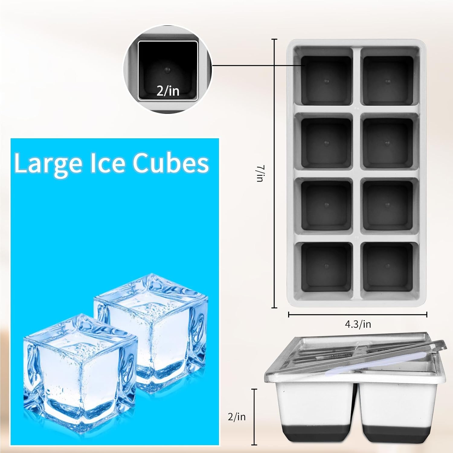 Large Ice Cube Trays with Lid, Jrisbo 2 Pack Stackable Silicone Ice Cube Molds f