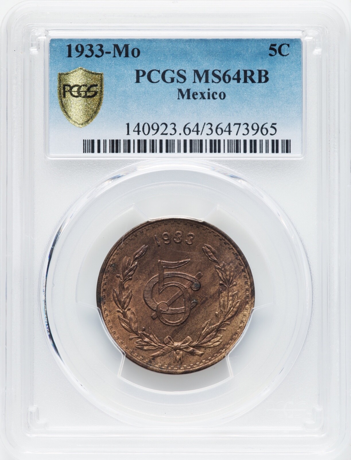 MEXICO ESTADOS UNIDOS  1933  5 CENTAVOS COIN PCGS CERTIFIED UNCIRCULATED MS64-RB