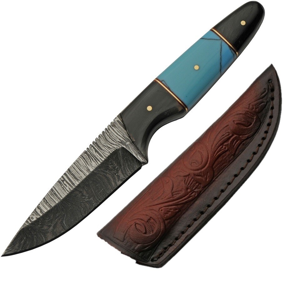 Damascus Fixed Knife 4.5" Damascus Steel Blade Buffalo Horn/Turquoise Handle