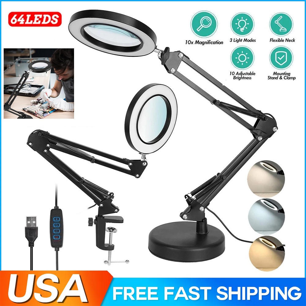 10X Magnifying Glass with Light and Stand, 2-in-1 LED Magnifier Desk Lamp for US