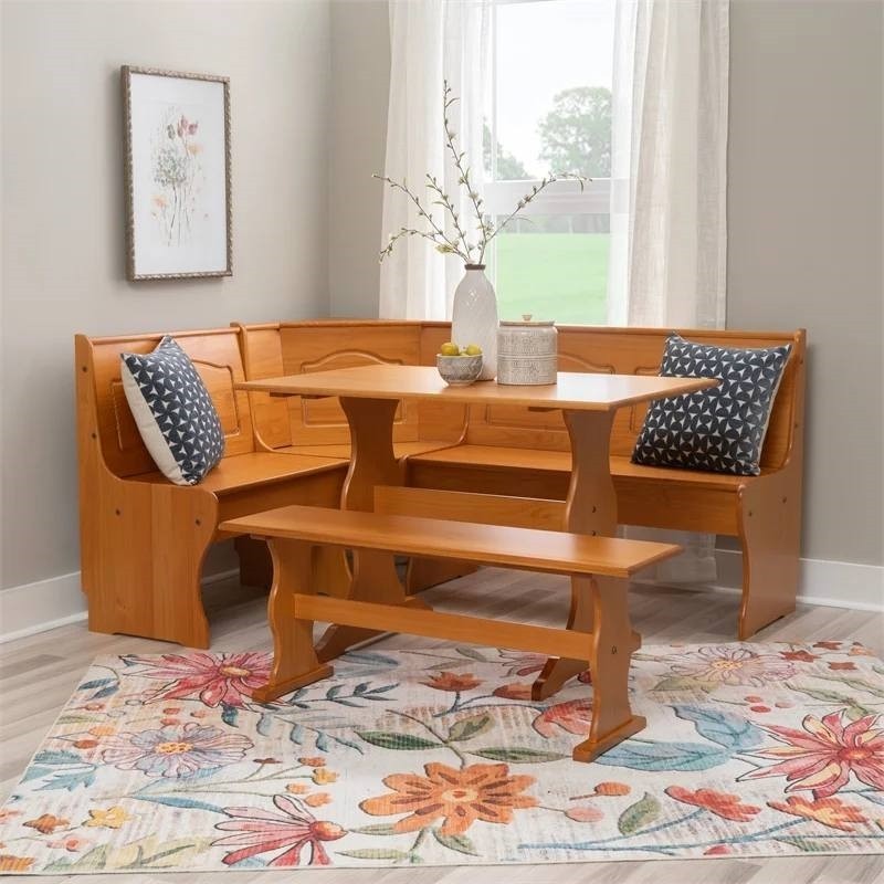 Reversible Corner Dining Set 3 Piece Light Honey Natural Wood Finish Kitchen