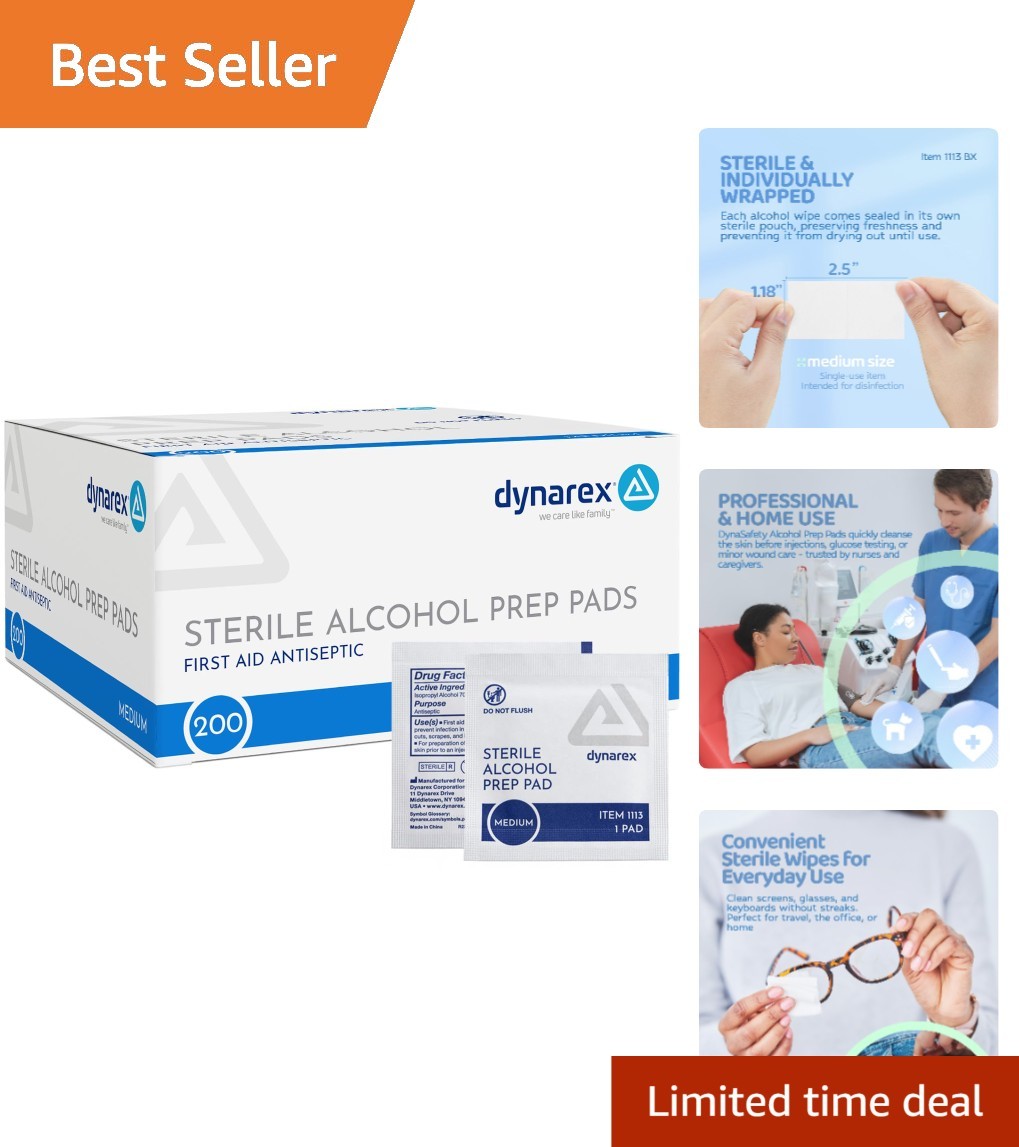 DynaSafety Sterile Alcohol Prep Pads - 70% Isopropyl Alcohol, 200 Individuall...