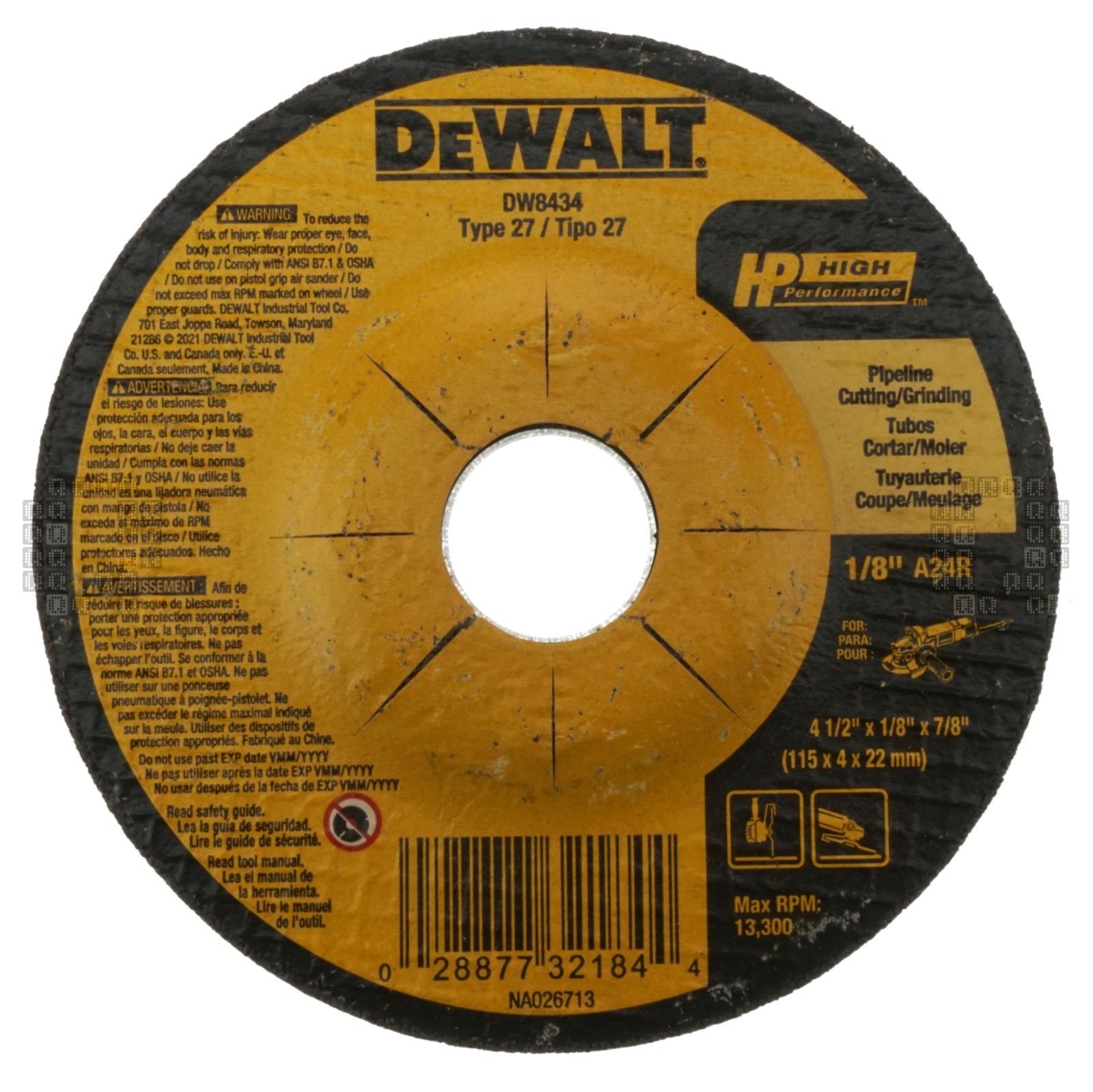 DeWALT DW8434 4-1/2" Diameter Pipeline Cutting Grinding Wheel, 1/8" Thickness