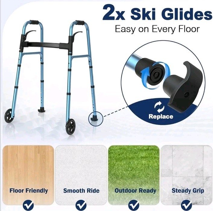 Walkers for Seniors, Folding Walker with Wheels and 2 Skis, Lightweight Rolling