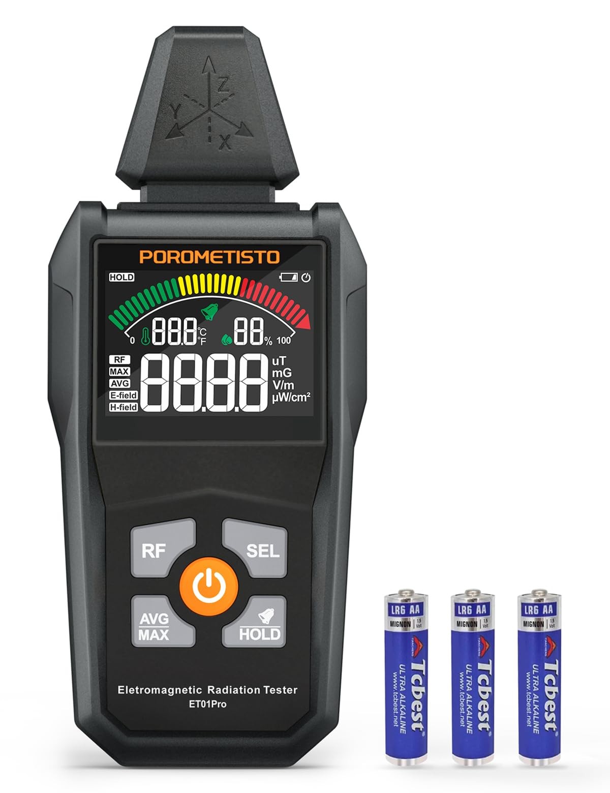 5-in-1 EMF Meter Radiation Detector POROMETISTO, Plus Temp & Humidity