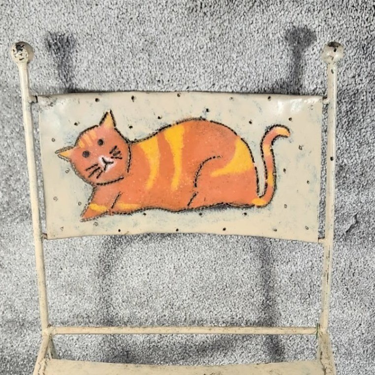 Child's Metal Chair Cream Orange Hand Painted Cat Vintage Whimsical Kids Size