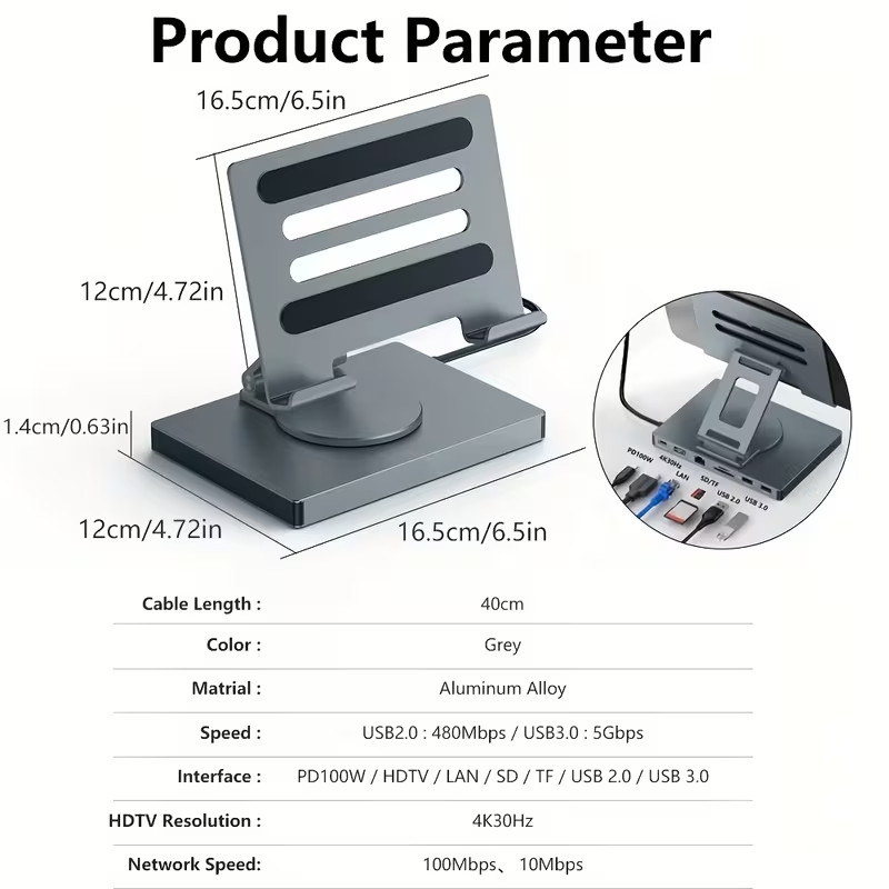 7-In-1 Tablet Computer Brain Stand, Type-C Docking Station, PD100W Charging Port