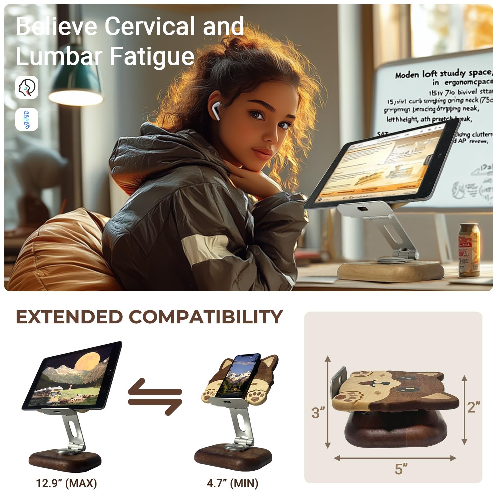 Cartoon Tablet Stand Solid Wood , Compatible with Phone Holder, Gift Ready
