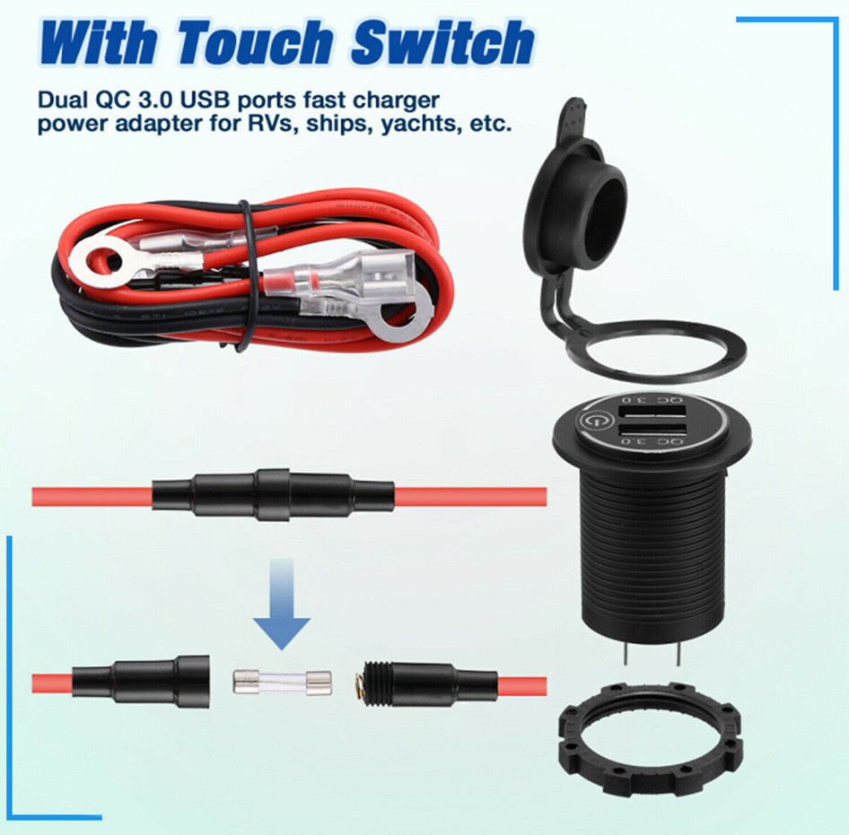 2PCS Car USB Outlet 12V Charger Socket 36W Dual QC3.0 USB Power Socket +Switch