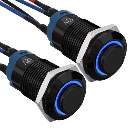 12mm Latching Push Button Switch SPST Pre 150mm Pre-wired Black Shell-Blue