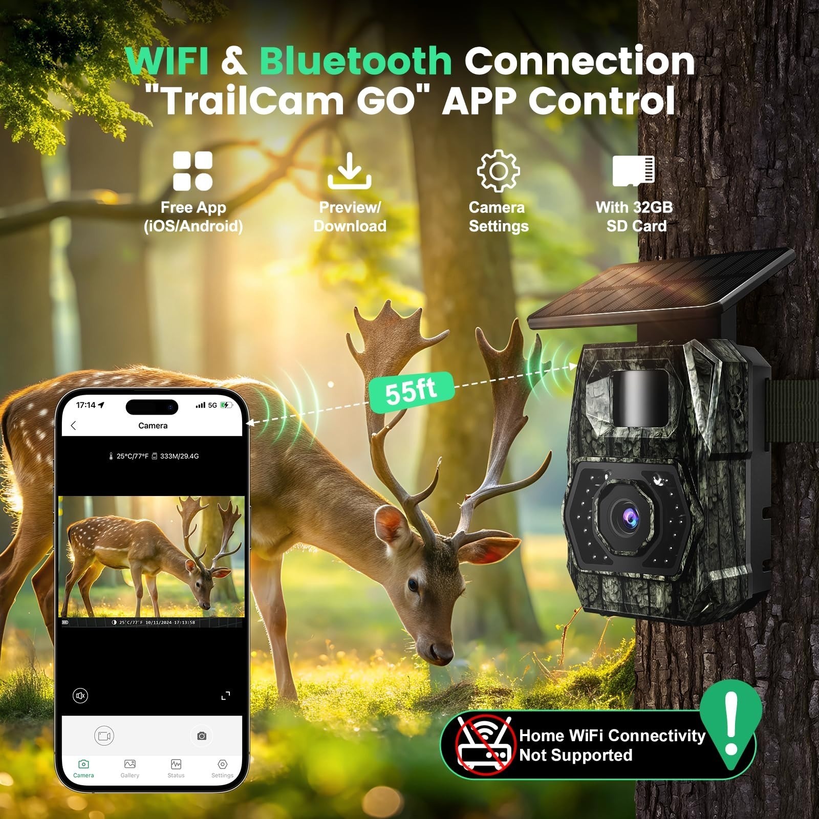 MAXDONE Solar Trail Camera 64MP 4K Night Vision WiFi Bluetooth IP66
