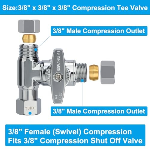 Brass Angle Stop Add-A-Tee Valve,3/8 x 3/8" 3/8x3/8x 3/8 Compression Tee Valve