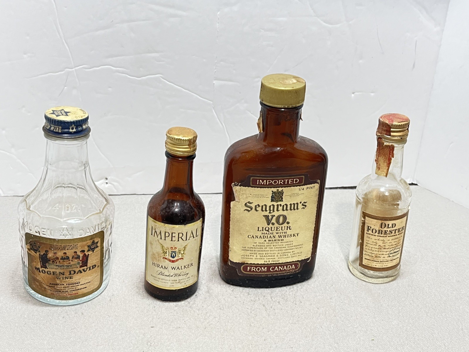 Vintage Liqueur Whisky Bottles Seagrams VO, Imperial, Mogen David, Old Forester