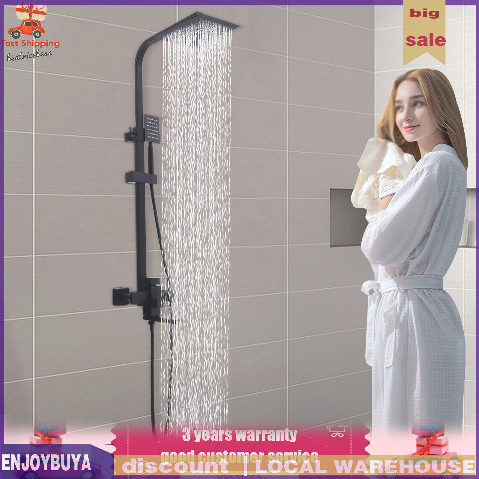Shower Faucet Set System Rainfall Shower Head Handle Combo Kit Wall Mount Black