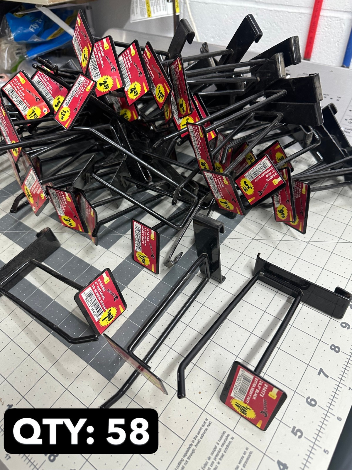 USED 58-pack lot COMMERCIAL SLATWALL 5.5" BLACK PEG HOOKS Retail Price Tab