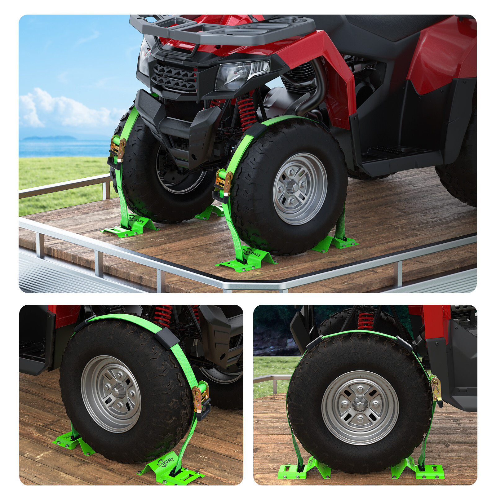 Wheel Chock Tie Down Kit E Track Trailer Tie Down Tire Straps for ATV, UTV, Lawn