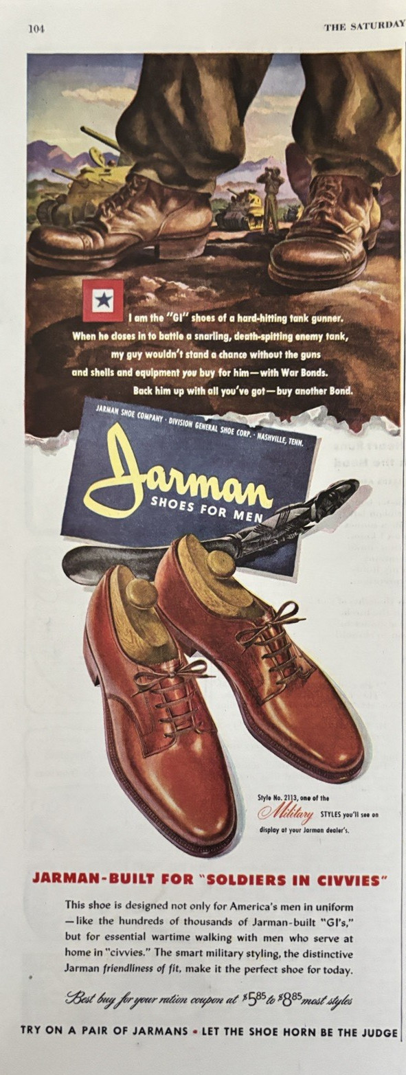 1944 Jarman Shoes Nen GI WWII Soldiers Civvies Military Styles VTG Print Ad
