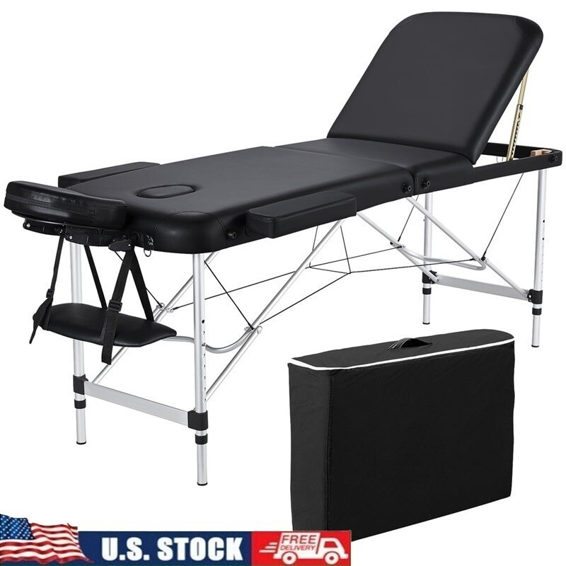 Adjustable 3 Fold Aluminum Massage Table W/ Backrest Headrest Armrest Portable