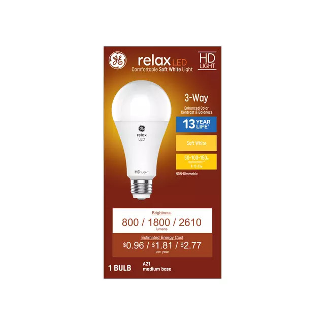 GE relax LED A21 3 way Light Bulb, 5, 15 or 23 watts, soft white HD Light