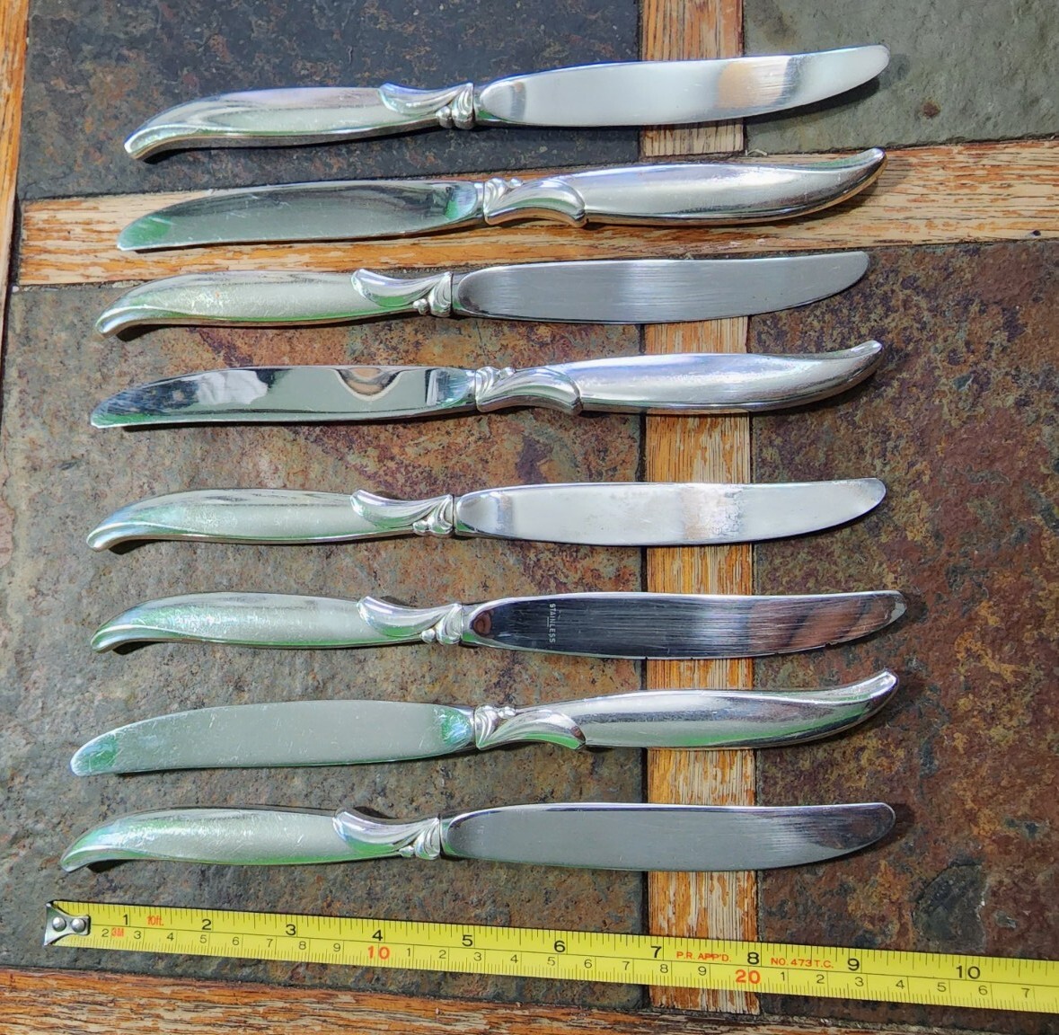✅️LOT OF 8 MID-CENTURY c1956 FLAIR"9 1/2"SILVERPLATE MODERN HOLLOW PLACE KNIVES
