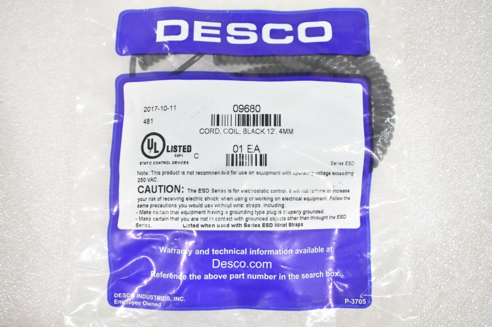 DESCO 09680 ESD GROUND CORD, BLACK COILED CABLE 12' 4mm