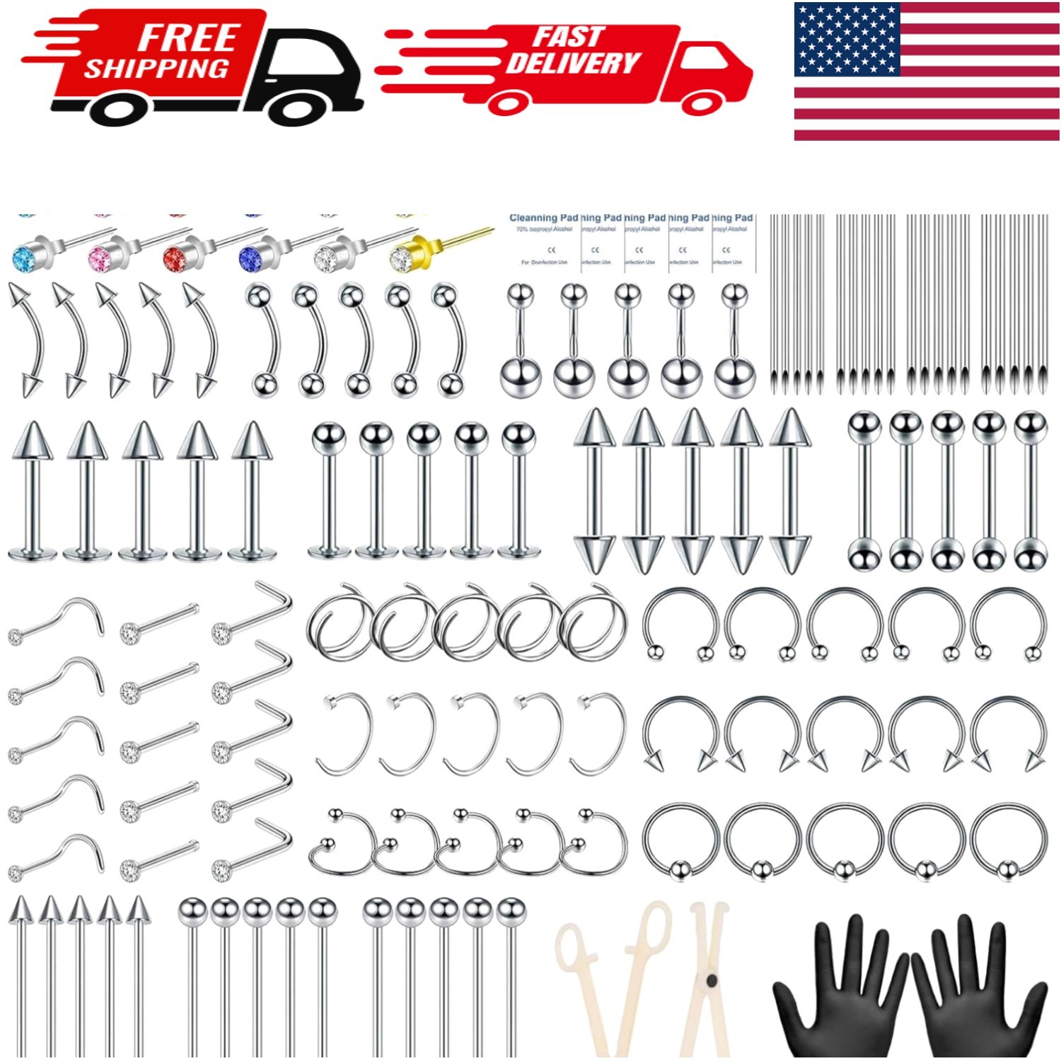 164PCS Professional Body Piercing Kit: Needles, Jewelry, Clamps & More