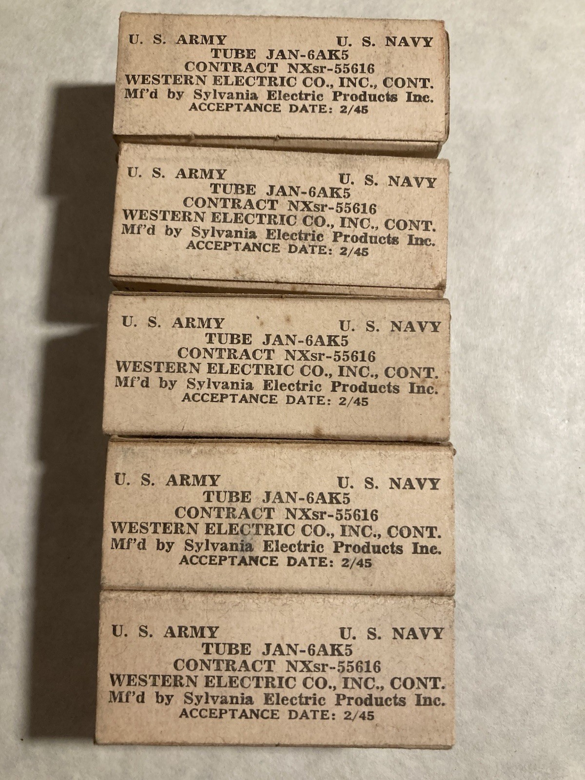 Lot Of 5 US Army Navy Sylvania JAN-6AK5 Tubes Untested