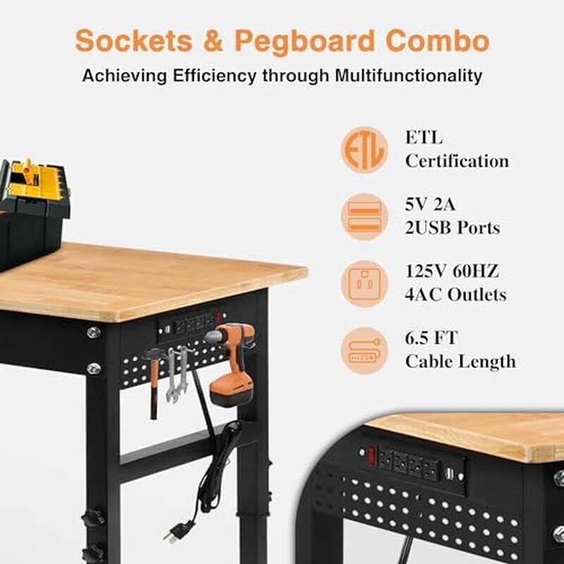 70 In Adjustable Height Workbench 2000LB Heavy Duty Table Power Outlets Pegboard