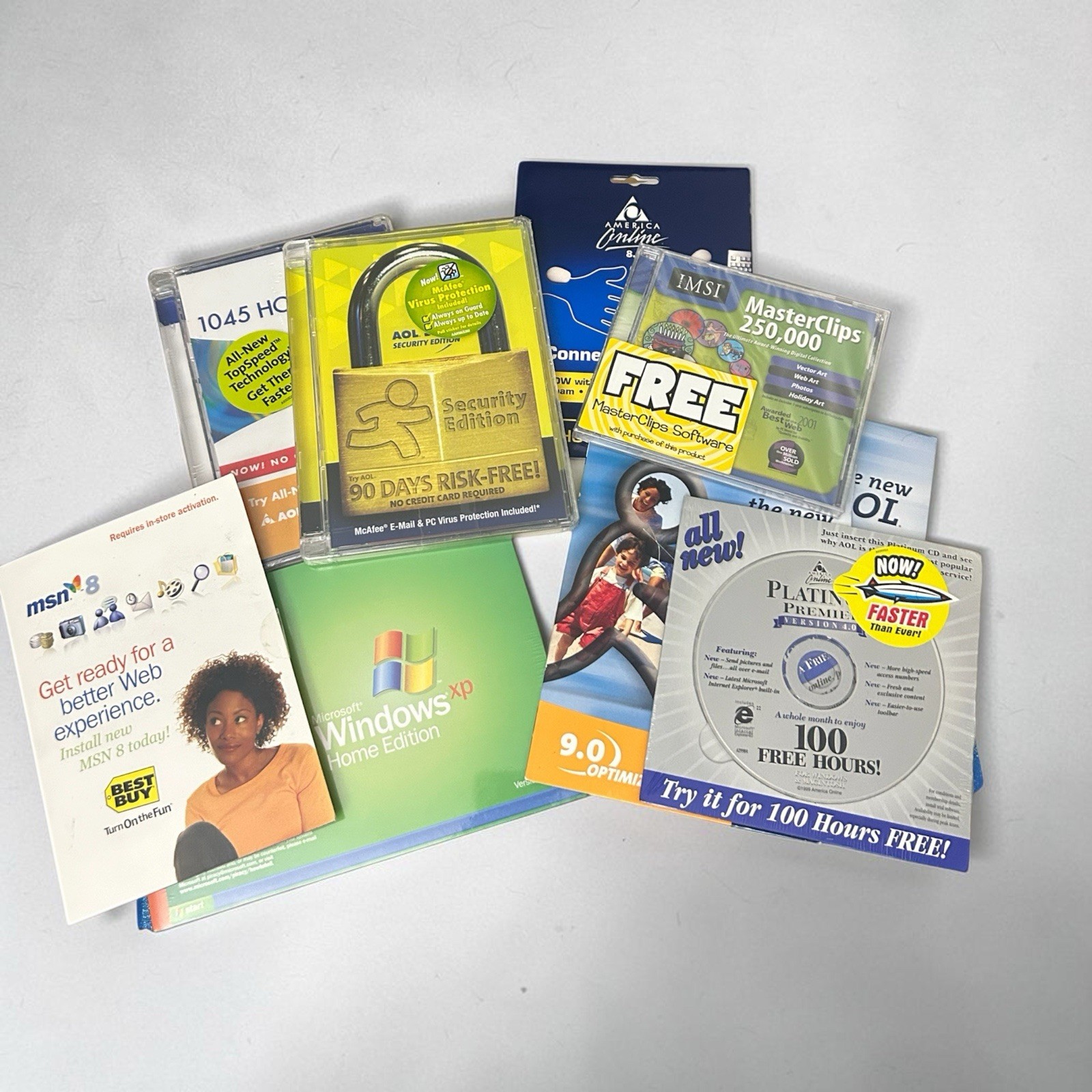 NOS Early 2000s Retro PC Software Lot Windows XP AOL MSN MasterClips Sealed