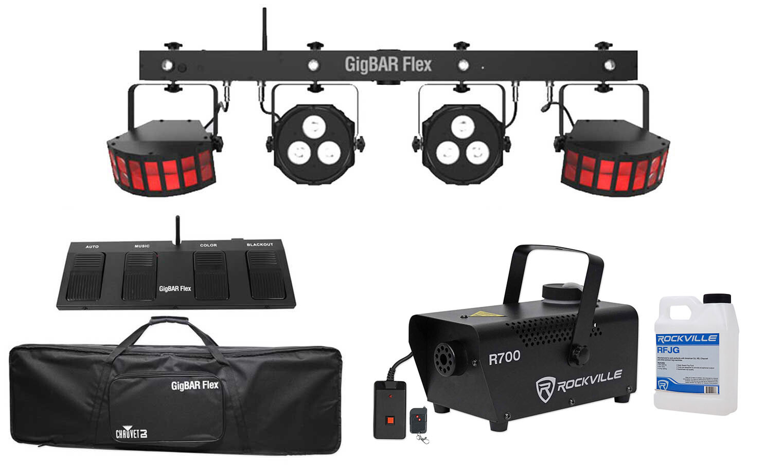 Chauvet DJ GigBAR Flex (2) Derby+(2) Par Can Lights+Footswitch+Fogger+Gal. Fluid