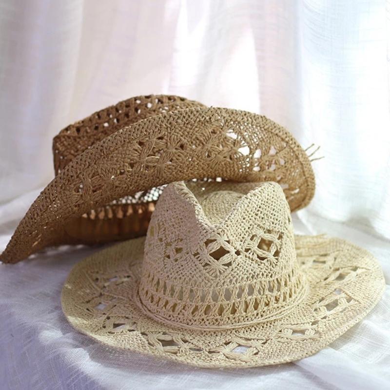 Women Men Western Cowgirl Hat Straw Cowboy Shapeable Wide Brim Summer Retro-
