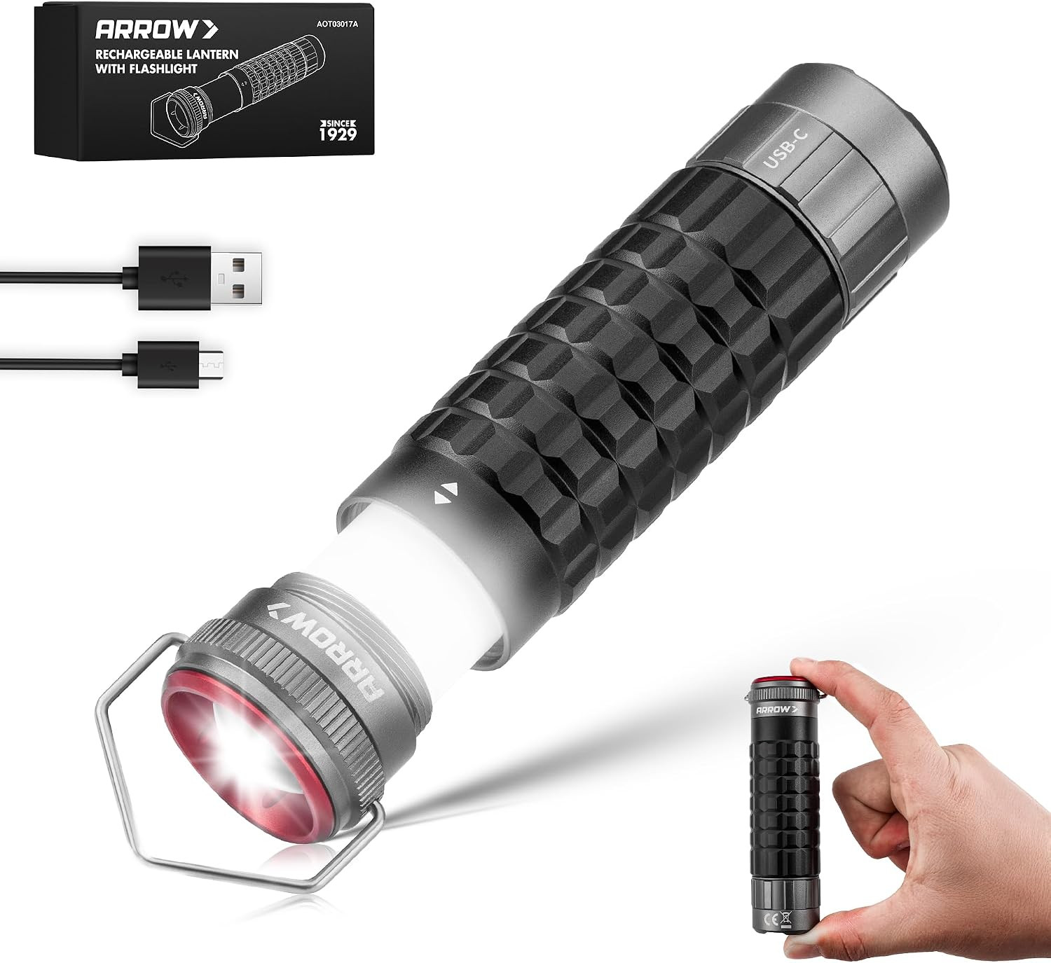 Arrow 2-In-1 Portable Camping Lantern and Flashlight with 3 Modes, USB-C Recharg