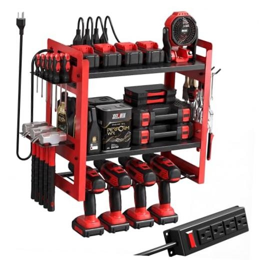 TOPRINCE Power Tool Organizer Wall Mount with Charging Station, 3-Tier red