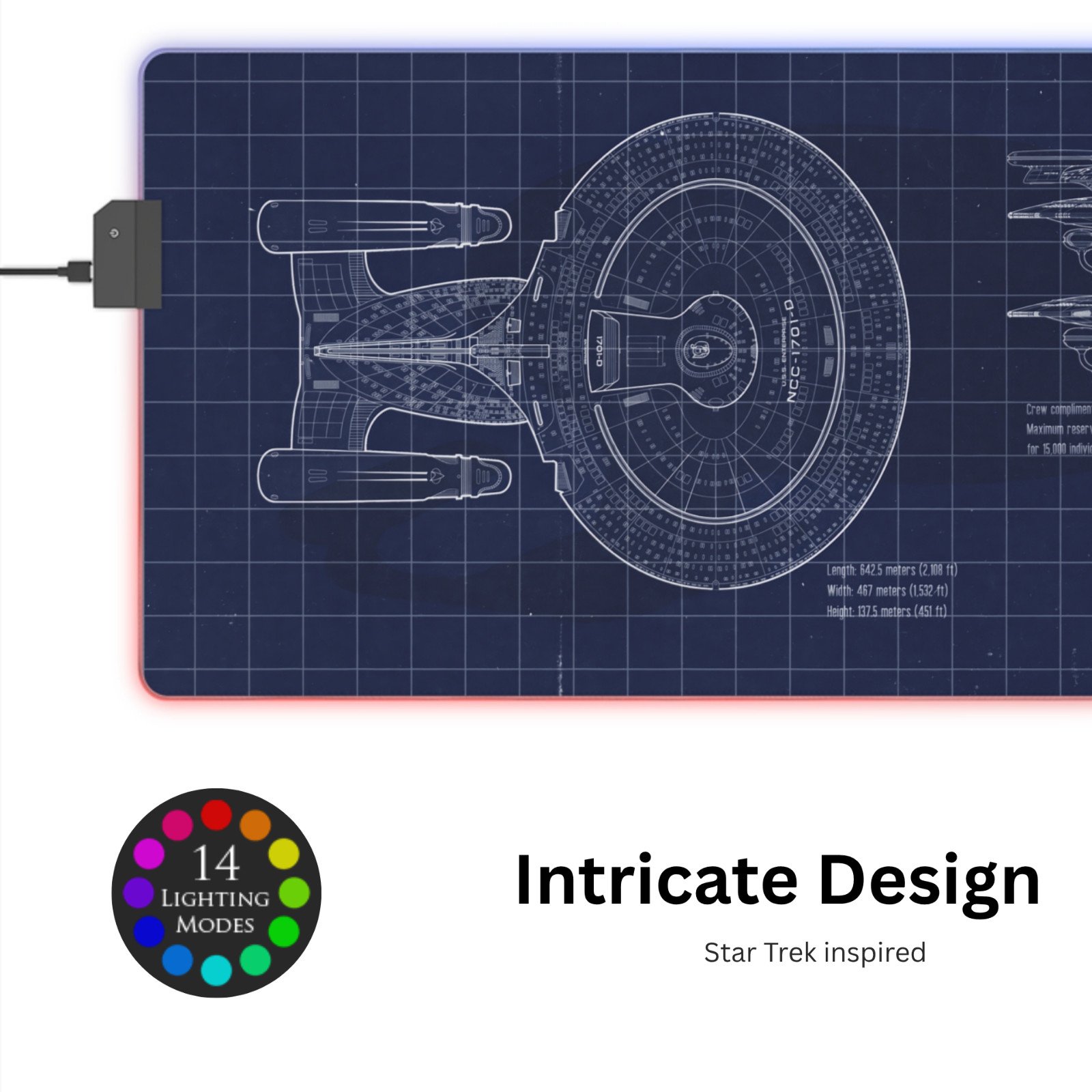 LED Desk Mat - Klingon Bird of Prey, Star Trek blueprint mousepad I RGB edged
