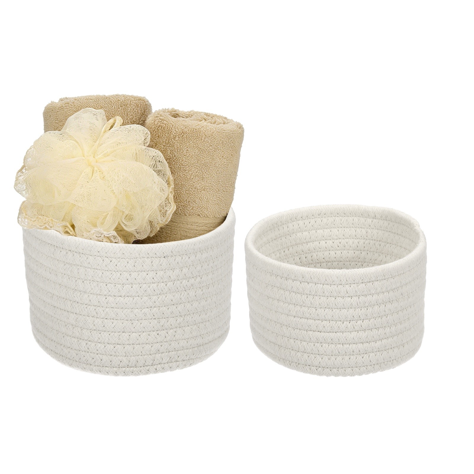 2 Pcs White Small Cotton Rope Woven Storage Basket, Round (2 Sizes)