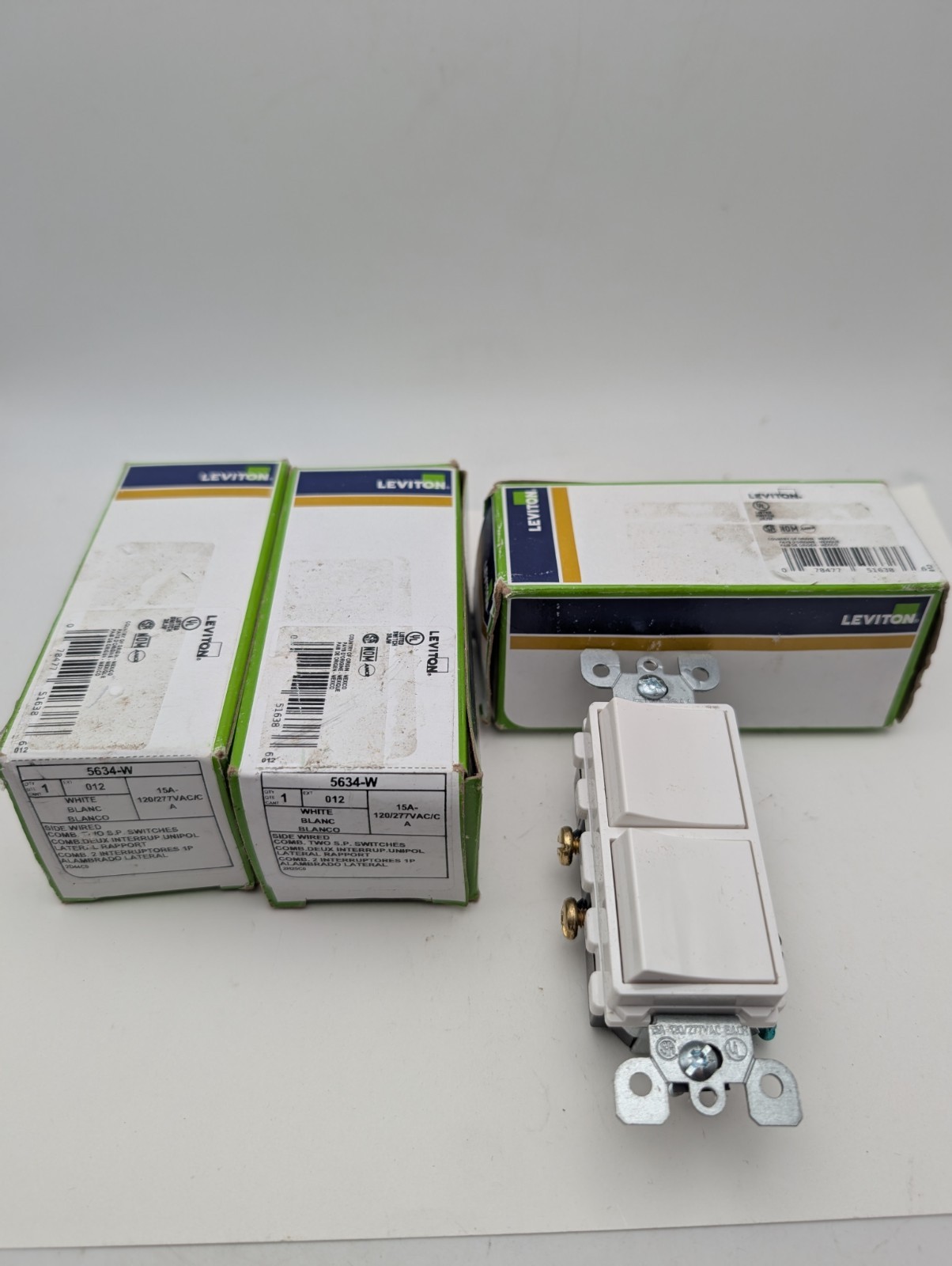 3x LEVITON (5634-W) TWO SINGLE POLE STACK SWITCHES IN WHITE (New, PKG Wear)