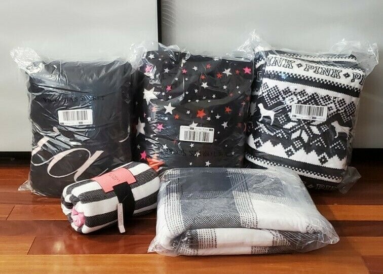 NEW VICTORIA'S SECRET COZY SHERPA WARM BLANKETS STARS STRIPE LARGE 5 to Choose!