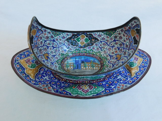 ARTIST SIGNED YEIPLOLIO PAINTING SERVING DISH TRAY HANDPAINTED BRONZE BRASS