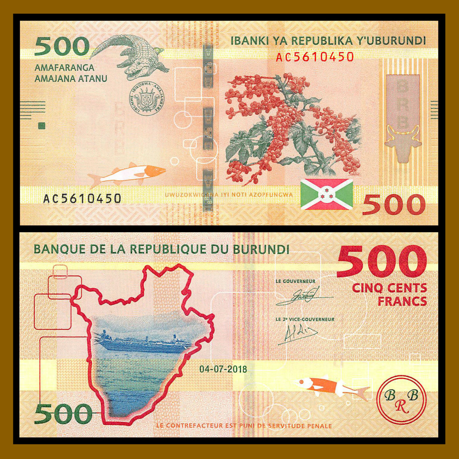 Burundi 500 Francs, 2018 (2019) P-New Crocodile Coffee Fish Unc