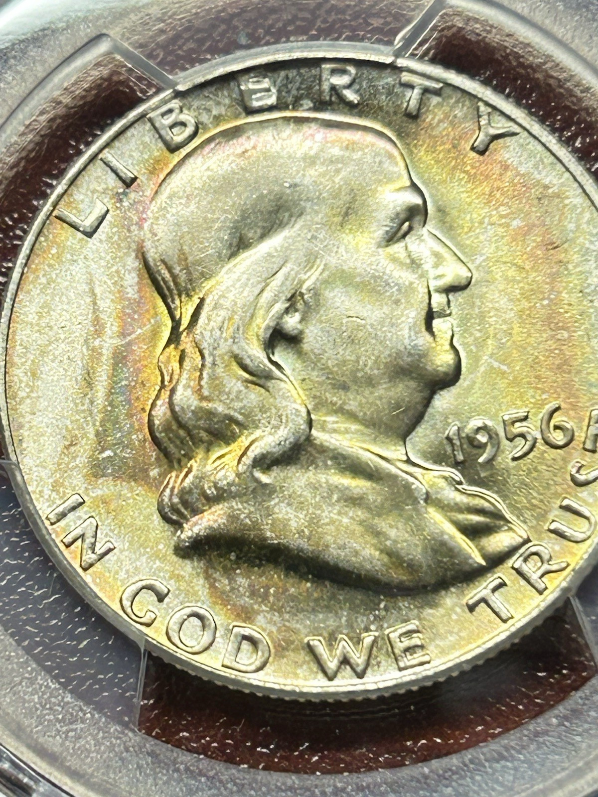 1956 50c Franklin Silver Half Dollar - AWESOME Toning - BU - PCGS MS64