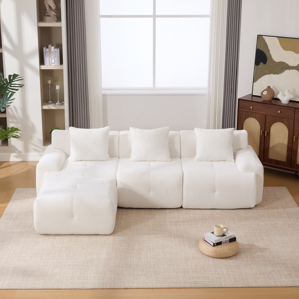 104.3" L-Shaped Modular Sectional Sofa w/ Ottoman & Pillows, Ivory