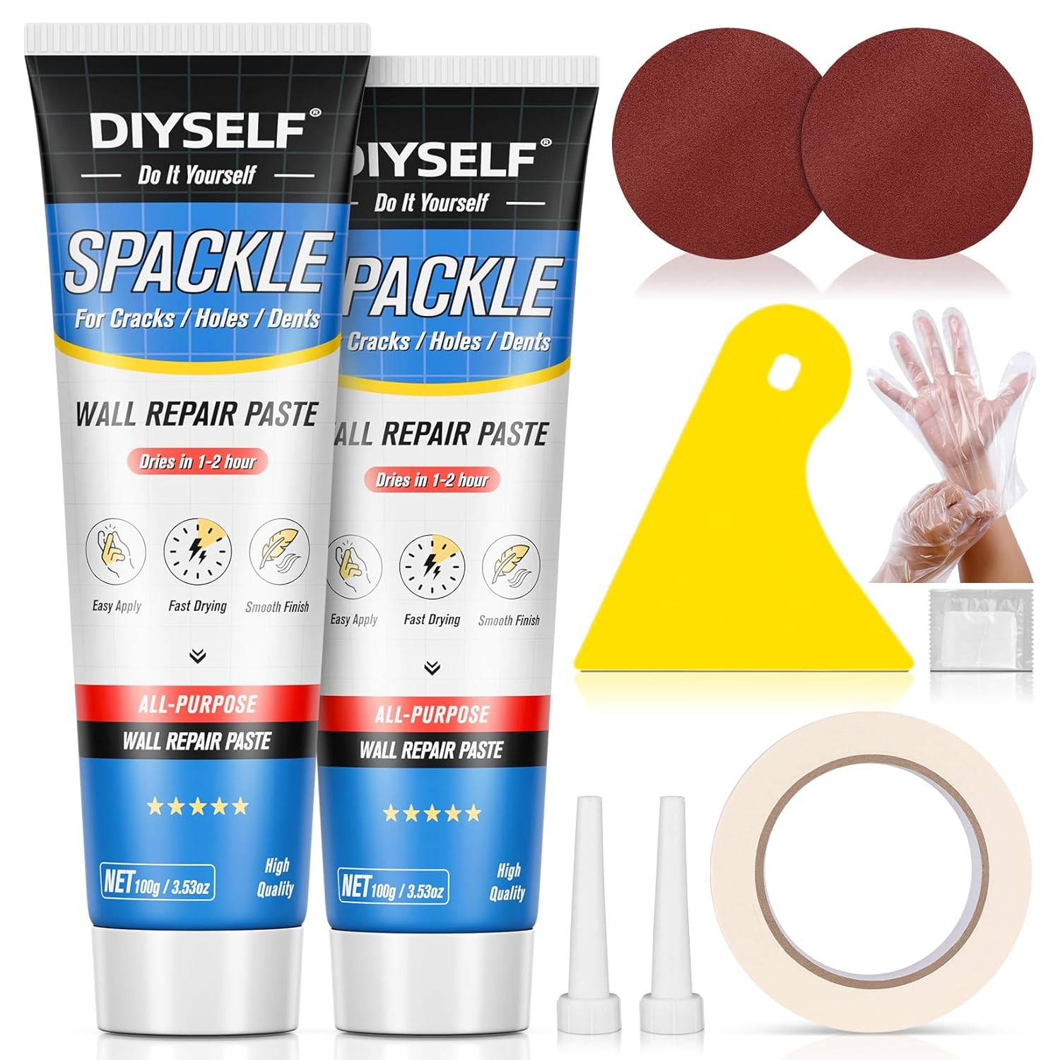 DIYSELF 9 Pack Drywall Repair Kit, Spackle Wall Repair, 2×100g (7oz Total) Putt