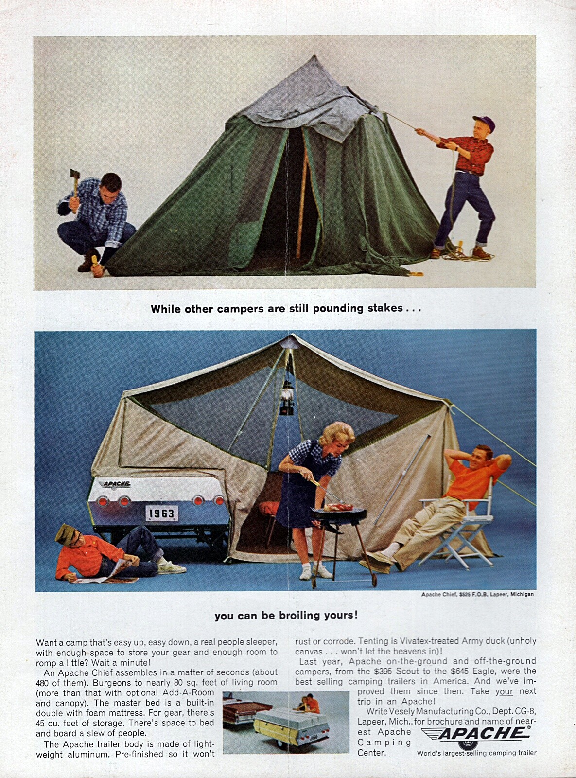 1963 Apache Chief Camp Trailer Camping Original Color Print Ad