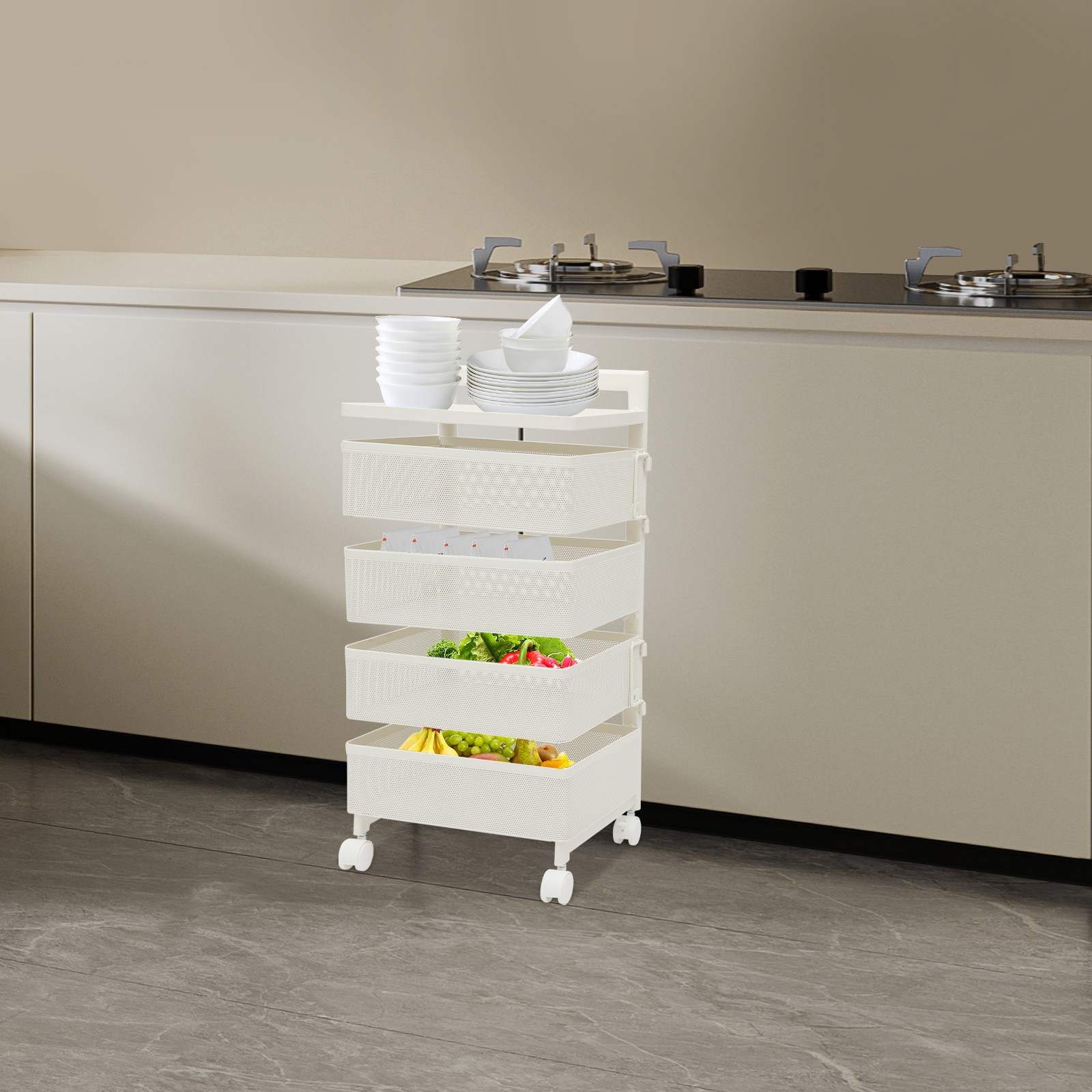 ROTATING STORAGE CART KITCHEN ORGANIZER WITH WHEELS & 4 STORAGE BASKETS, WHITE