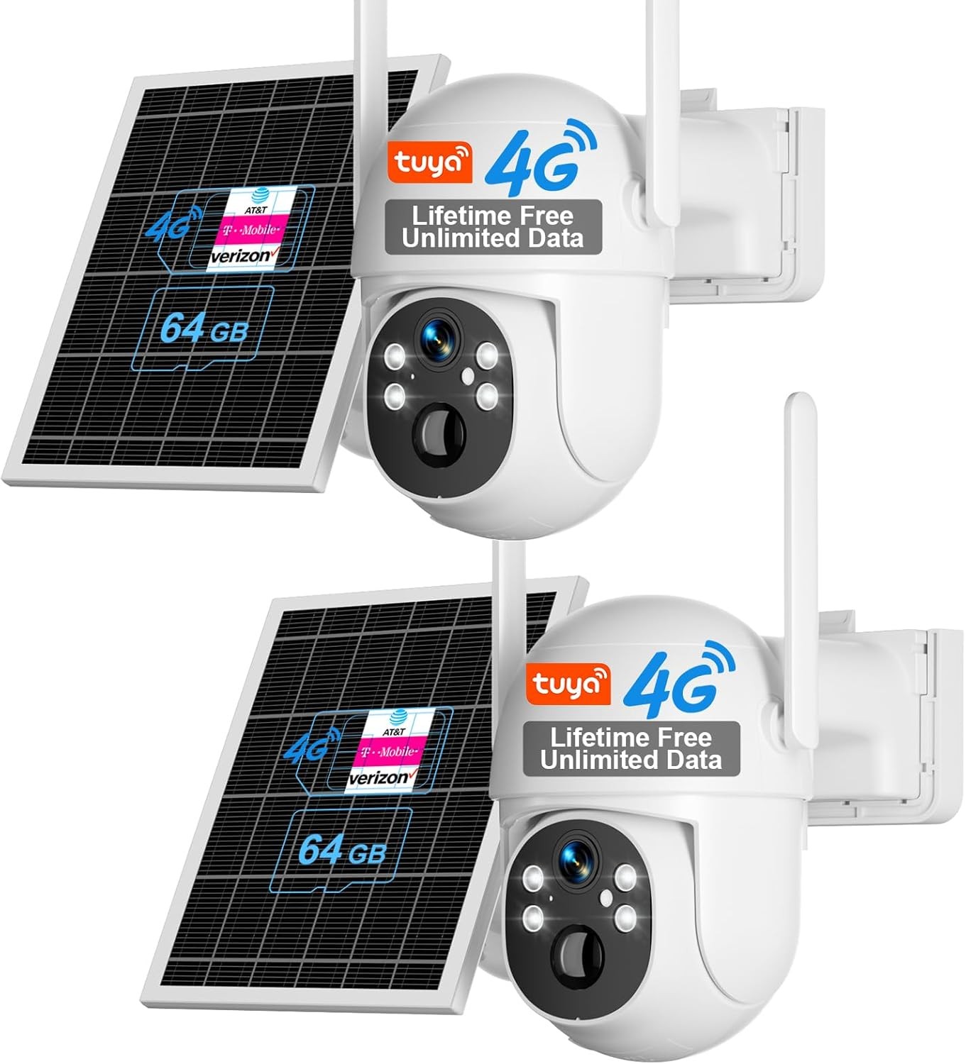 2pcs 4G LTE Cellular Solar Security Camera PIR Motion Sensor Free Unlimited Data